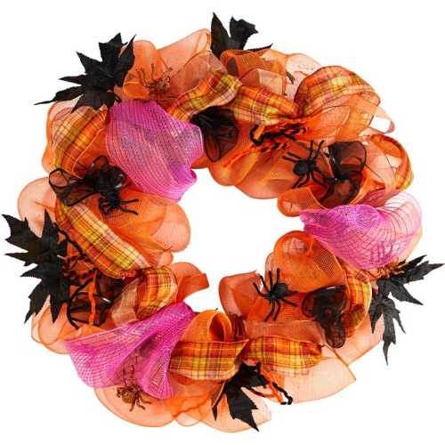 Nearly Natural 26" Spooky Halloween Spider Mesh Wreath in Orange