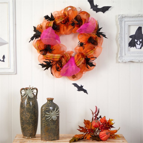 Nearly Natural 26" Spooky Halloween Spider Mesh Wreath in Orange