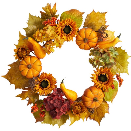 22" Autumn Hydrangea/Pumpkin and Sunflower Artificial Fall Wreath in Orange