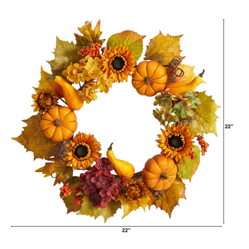22" Autumn Hydrangea/Pumpkin and Sunflower Artificial Fall Wreath in Orange