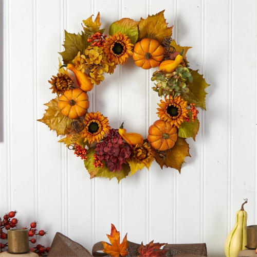 22" Autumn Hydrangea/Pumpkin and Sunflower Artificial Fall Wreath in Orange