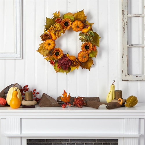 22" Autumn Hydrangea/Pumpkin and Sunflower Artificial Fall Wreath in Orange