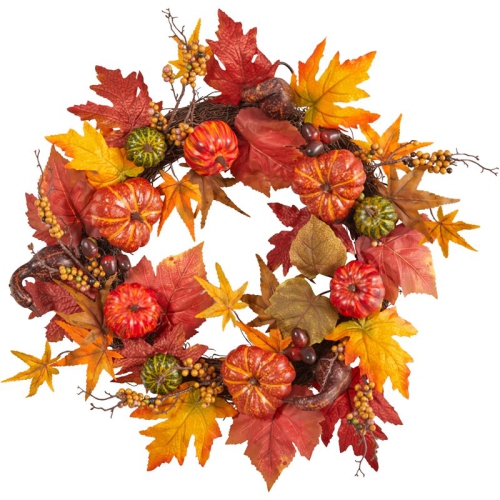 Nearly Natural 24" Autumn Pumpkin and Berries Artificial Fall Wreath in Orange