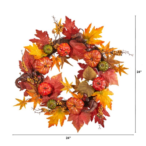 Nearly Natural 24" Autumn Pumpkin and Berries Artificial Fall Wreath in Orange