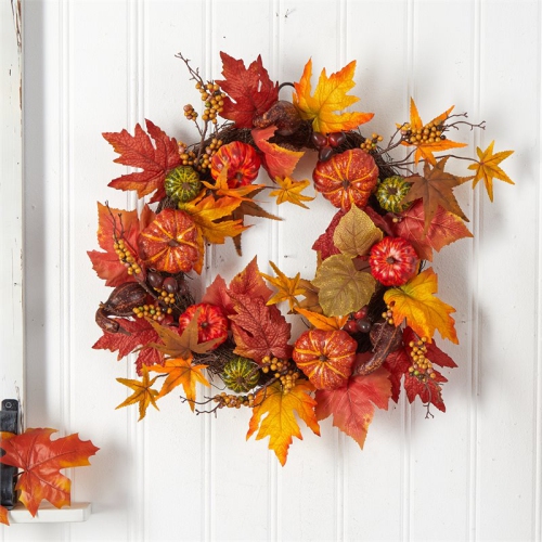 Nearly Natural 24" Autumn Pumpkin and Berries Artificial Fall Wreath in Orange
