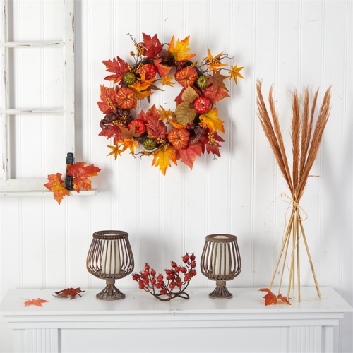 Nearly Natural 24" Autumn Pumpkin and Berries Artificial Fall Wreath in Orange