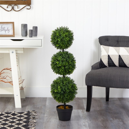Indoor/Outdoor 36" Boxwood Triple Ball Topiary Artificial Tree in Green/Black