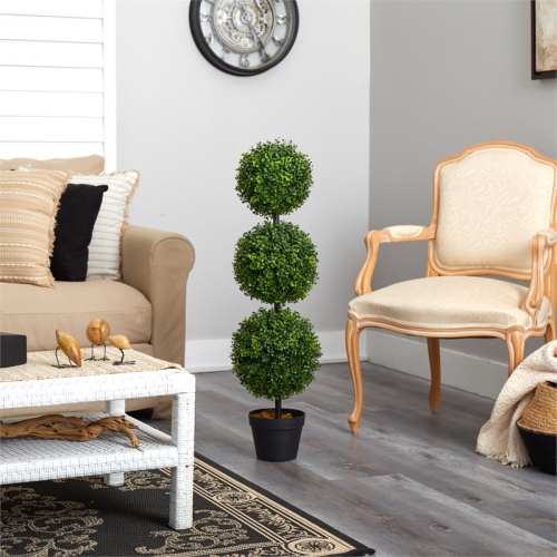 Indoor/Outdoor 36" Boxwood Triple Ball Topiary Artificial Tree in Green/Black
