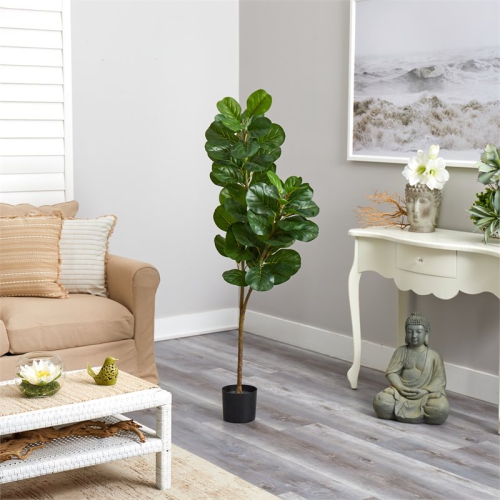 Nearly Natural 54" Fiddle Leaf Fig Artificial Tree in Green/Black