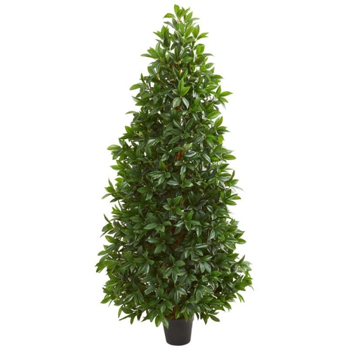 Indoor/Outdoor 60" Bay Leaf Cone Topiary Artificial Tree in Green/Black