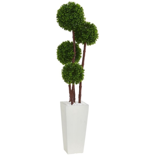 Indoor/Outdoor 48" Boxwood Artificial Topiary Tree with Planter in Green/White