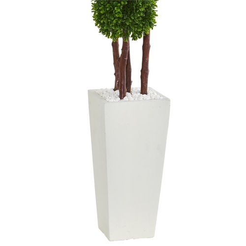 Indoor/Outdoor 48" Boxwood Artificial Topiary Tree with Planter in Green/White