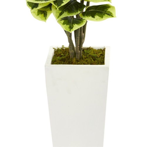 Variegated Rubber Leaf Artificial Plant in White Tower Vase in Green/White