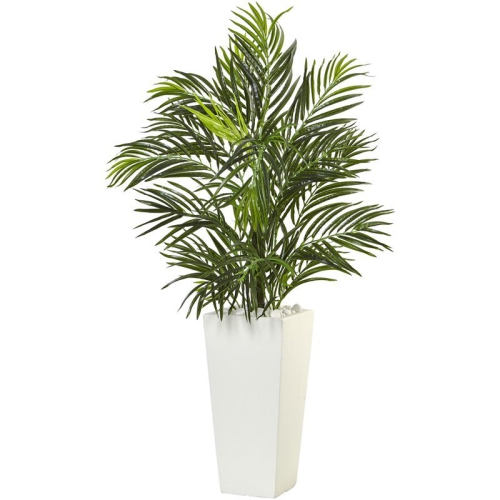 Nearly Natural 39" Areca Artificial Palm in White Square Planter in Green/White