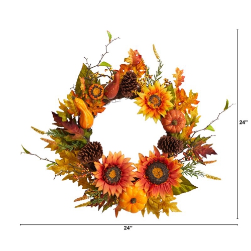 24" Fall Sunflower/Pumpkin/Gourds/Pinecone/Berries Artificial Wreath in Orange
