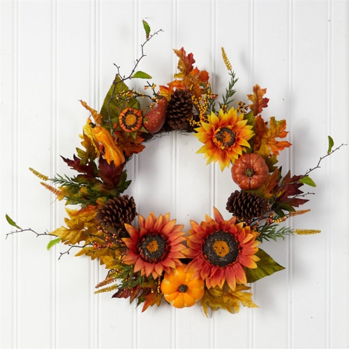 24" Fall Sunflower/Pumpkin/Gourds/Pinecone/Berries Artificial Wreath in Orange