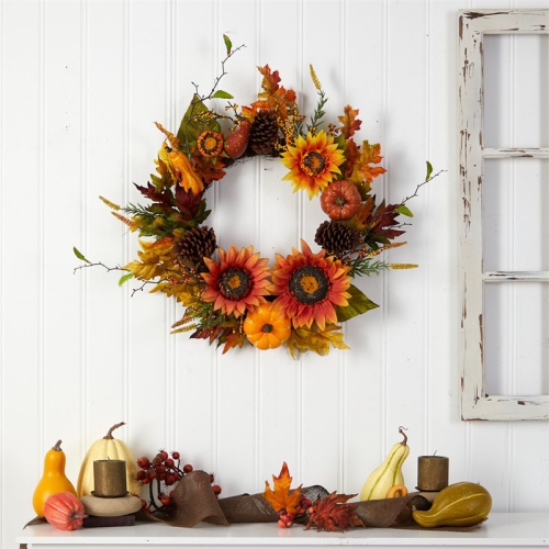 24" Fall Sunflower/Pumpkin/Gourds/Pinecone/Berries Artificial Wreath in Orange