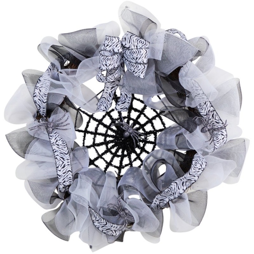 Nearly Natural 26" Halloween Spider Web Mesh Wreath with Decorative Bows - Black