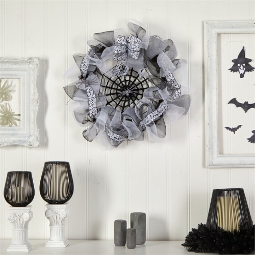 Nearly Natural 26" Halloween Spider Web Mesh Wreath with Decorative Bows - Black