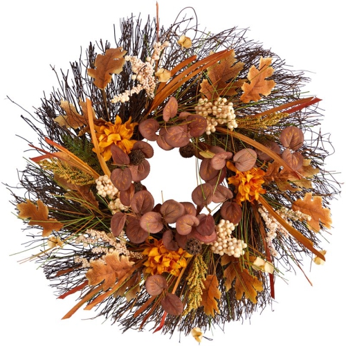 NEARLY NATURAL  22" Autumn Dahlia And Berries Artificial Fall Wreath In In Orange