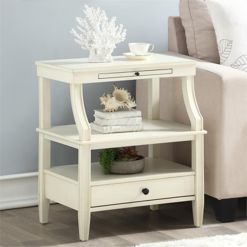 Newton Antique White Wood Storage Nightstand with a Drawer and Pull Out Tray