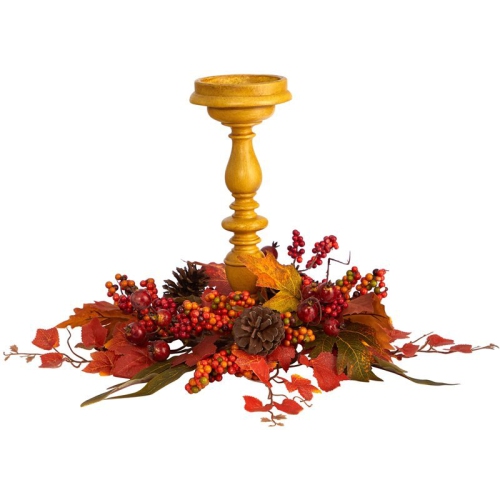 Nearly Natural 15" Harvest Fall Artificial Candelabrum Arrangement in Orange