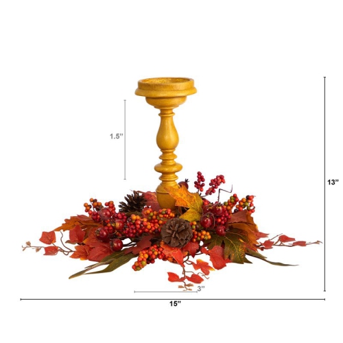 Nearly Natural 15" Harvest Fall Artificial Candelabrum Arrangement in Orange