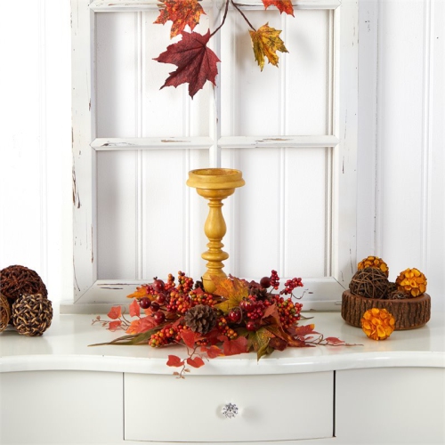 Nearly Natural 15" Harvest Fall Artificial Candelabrum Arrangement in Orange