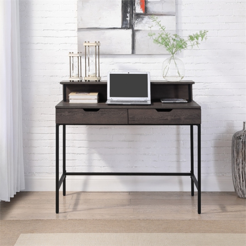 Contempo 40-Inch Desk with 2 drawers and shelf hutch in Brown Wood Grain Finish