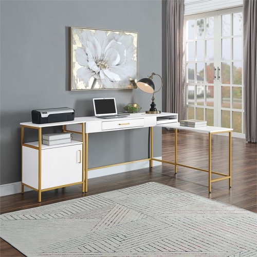 Modern Life White L Desk Charger Drawer with Gold Metal Legs