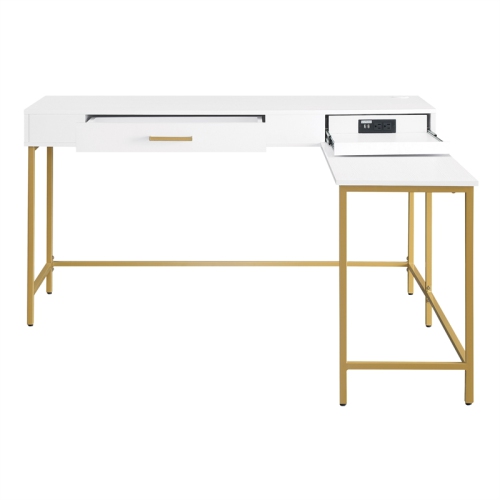 Modern Life White L Desk Charger Drawer with Gold Metal Legs