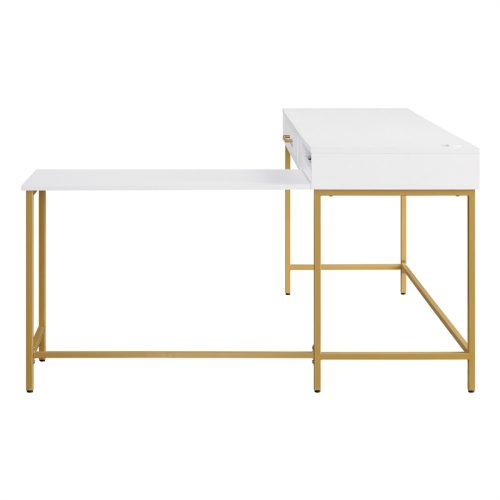 Modern Life White L Desk Charger Drawer with Gold Metal Legs