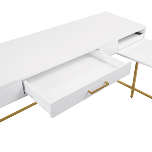 Modern Life White L Desk Charger Drawer with Gold Metal Legs