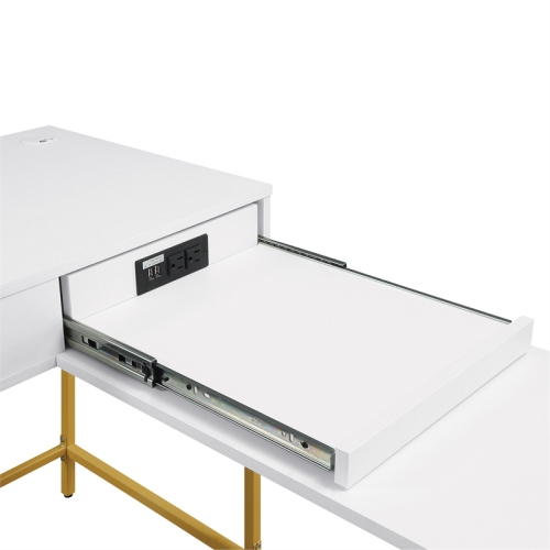 Modern Life White L Desk Charger Drawer with Gold Metal Legs