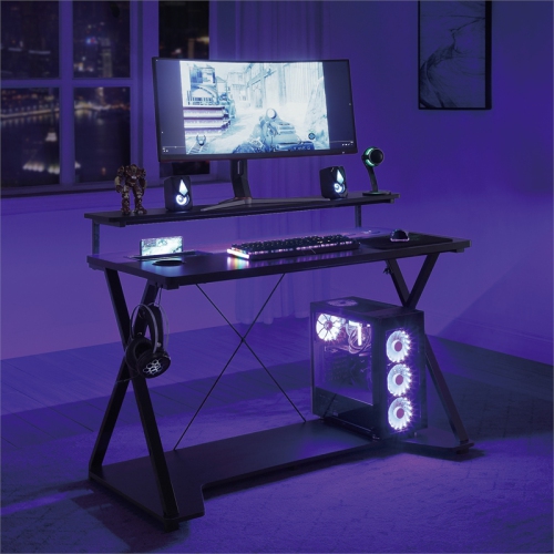 Checkpoint Ghost Battlestation Black and Carbon Gaming Desk with RGB LED Lights