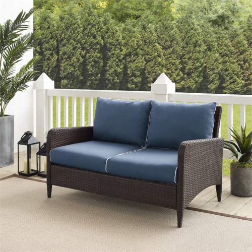 Afuera Living Transitional Outdoor Wicker Loveseat in Blue