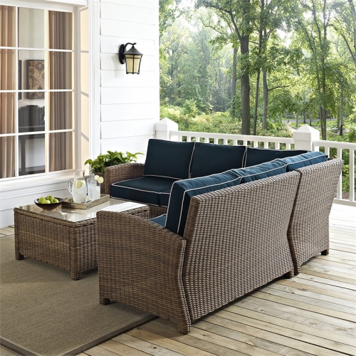 Afuera Living Modern 4 Piece Wicker Patio Sectional Set in Brown and Navy
