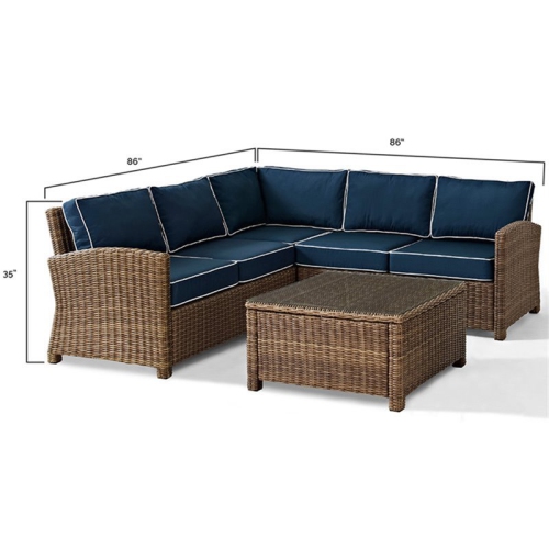 Afuera Living Modern 4 Piece Wicker Patio Sectional Set in Brown and Navy