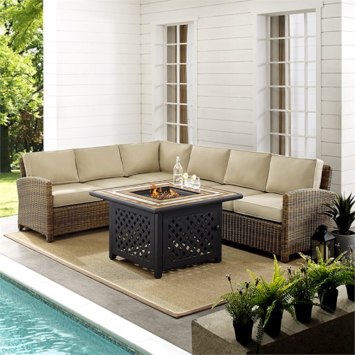 Afuera Living Modern 5 Piece Patio Fire Pit Sectional Set in Brown and Sand