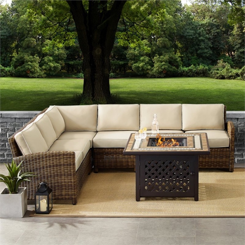 Afuera Living Modern 5 Piece Patio Fire Pit Sectional Set in Brown and Sand
