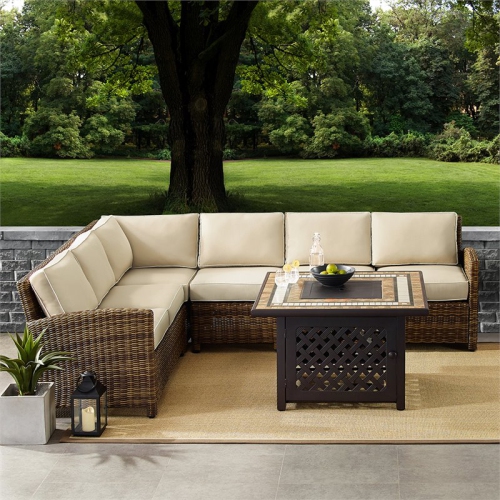 Afuera Living Modern 5 Piece Patio Fire Pit Sectional Set in Brown and Sand