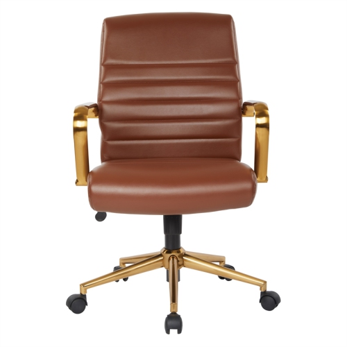 Mid-Back Saddle Brown Faux Leather Office Chair with Gold Frame