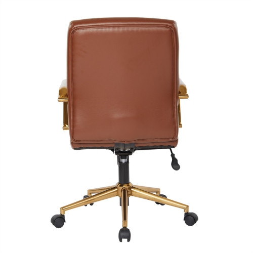 Mid-Back Saddle Brown Faux Leather Office Chair with Gold Frame