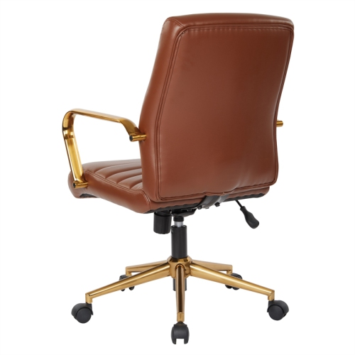 Mid-Back Saddle Brown Faux Leather Office Chair with Gold Frame