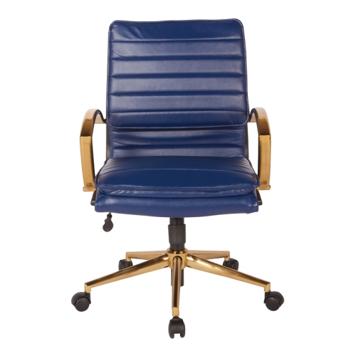 Mid-Back Faux Leather Chair with Gold Finish in Navy Faux Leather