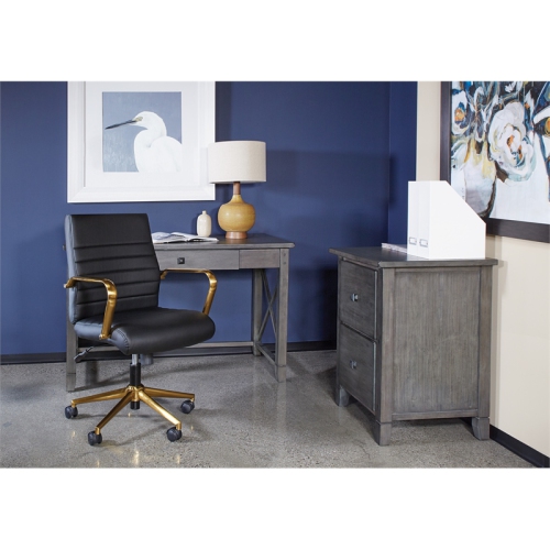 Mid-Back Black Faux Leather Chair with Gold Finish Arms and Base K/D