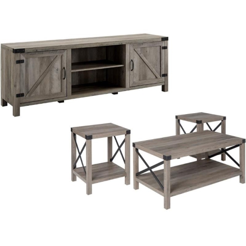 4 Pieces Metal Barn Door TV Stand Coffee Table & 2 End Table Set in Gray Oak