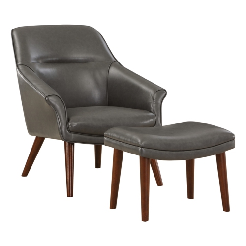 OSP HOME FURNISHINGS Waneta Chair And Ottoman In Pewter Gray Faux Leather With Medium Espresso Legs