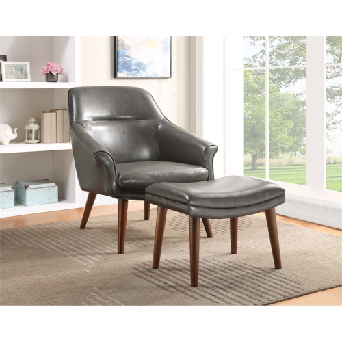 Waneta Chair and Ottoman in Pewter Gray Faux Leather with Medium Espresso Legs