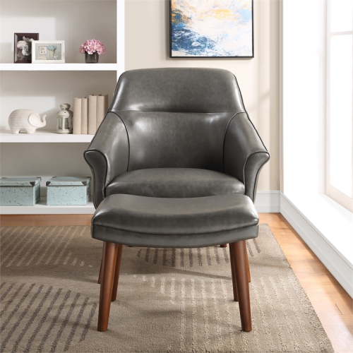Waneta Chair and Ottoman in Pewter Gray Faux Leather with Medium Espresso Legs